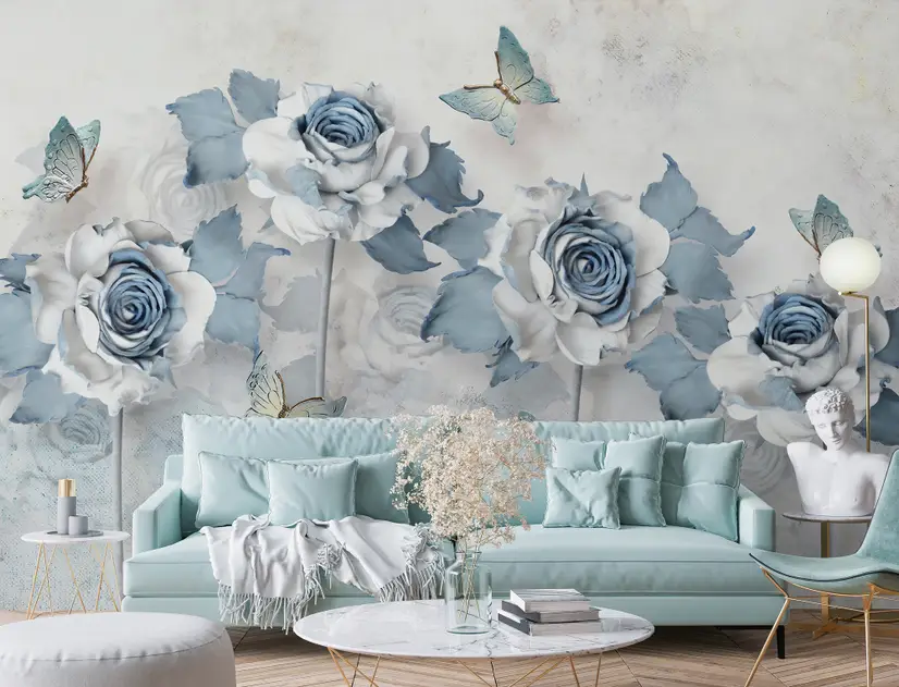 Soft Blue Floral Wallpaper Mural