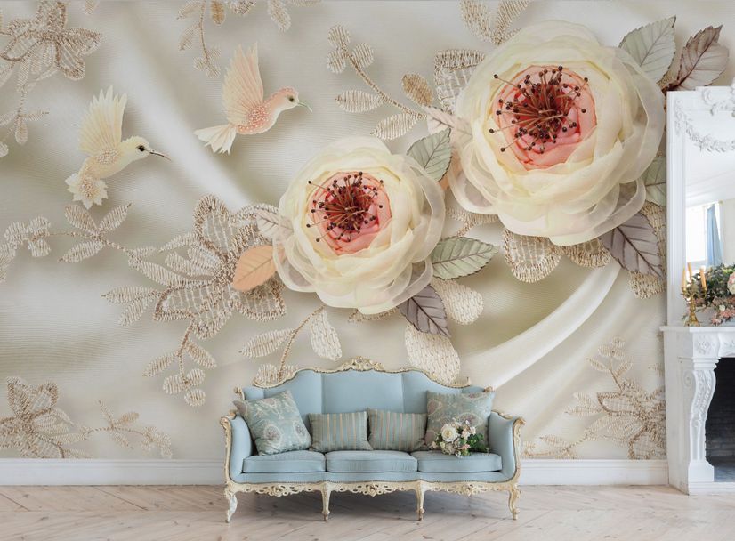 Soft Bloom Lace Bird Wallpaper Mural