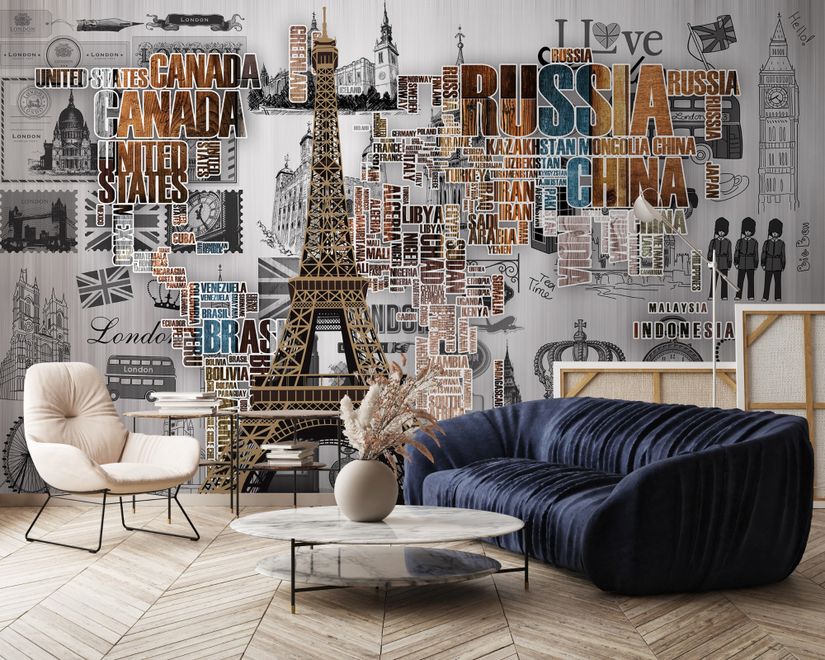 Eiffel Tower and Country Typography Wallpaper Mural