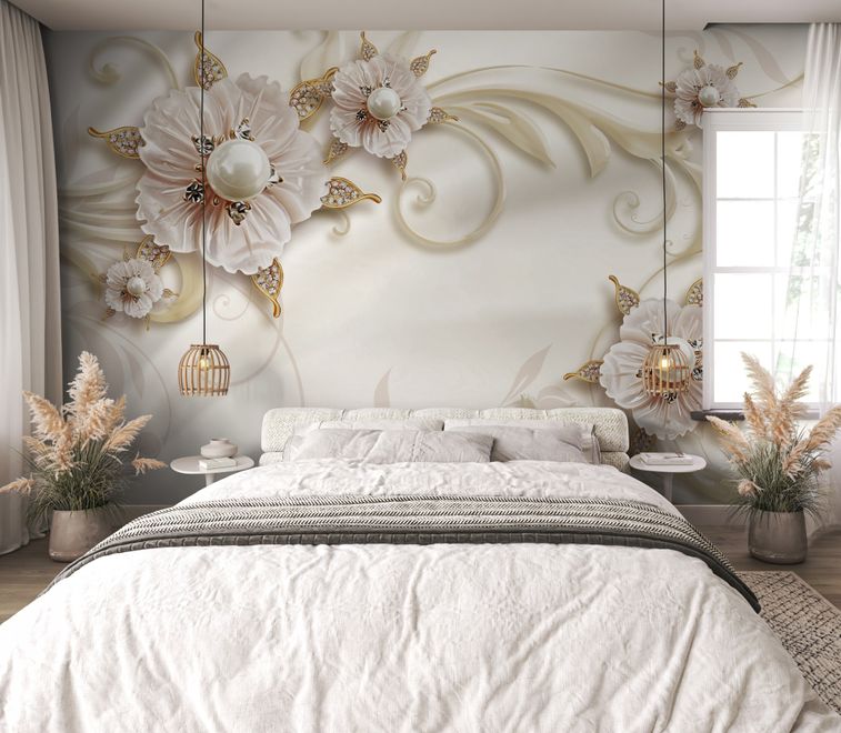 3D Look Pearl Daisy Floral Wallpaper Mural