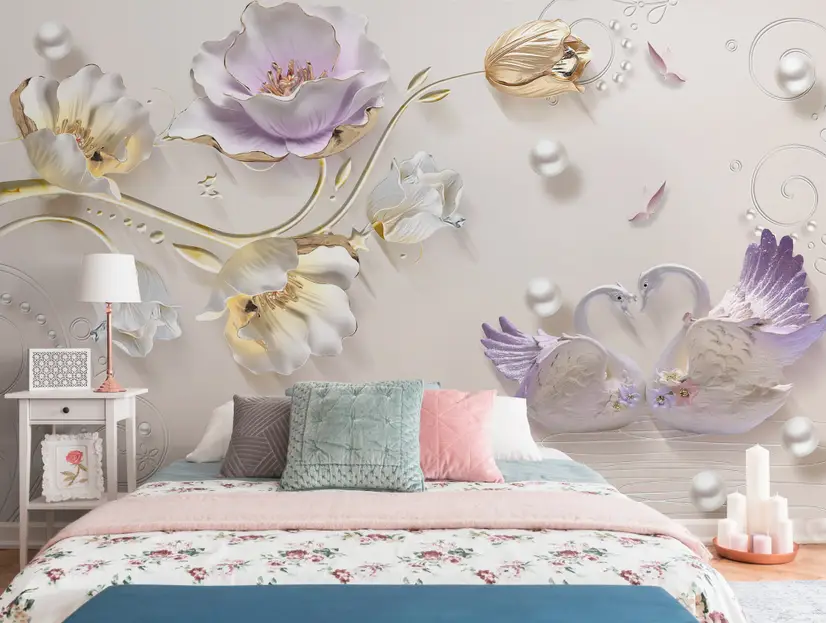 3D Embossed Look Tulip Floral with Swan Wallpaper Mural