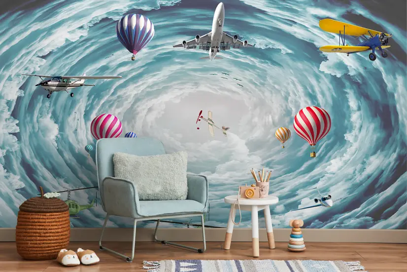 Hot Air Balloon and Airplanes on The Sky Wallpaper Mural