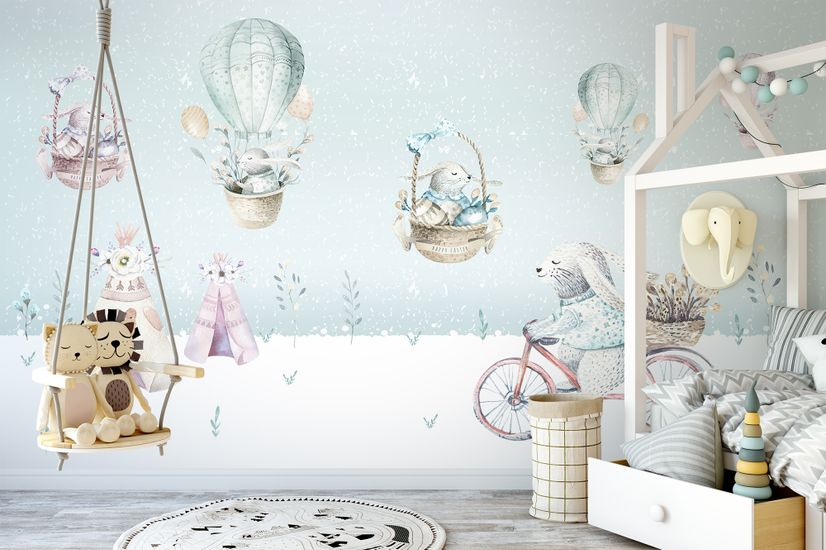 Cartoon Winterscape and Squirrels with Hot Air Balloons Wallpaper Mural