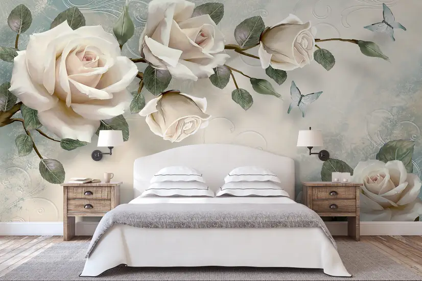 Beautiful White Roses and Butterflies Wallpaper Mural