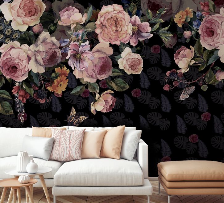Vintage Dark Pink Flowers Wallpaper Mural