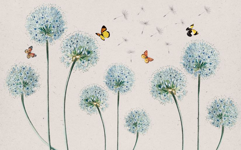 Blue Dandelion and Yellow Butterflies Wallpaper Mural • Wallmur®