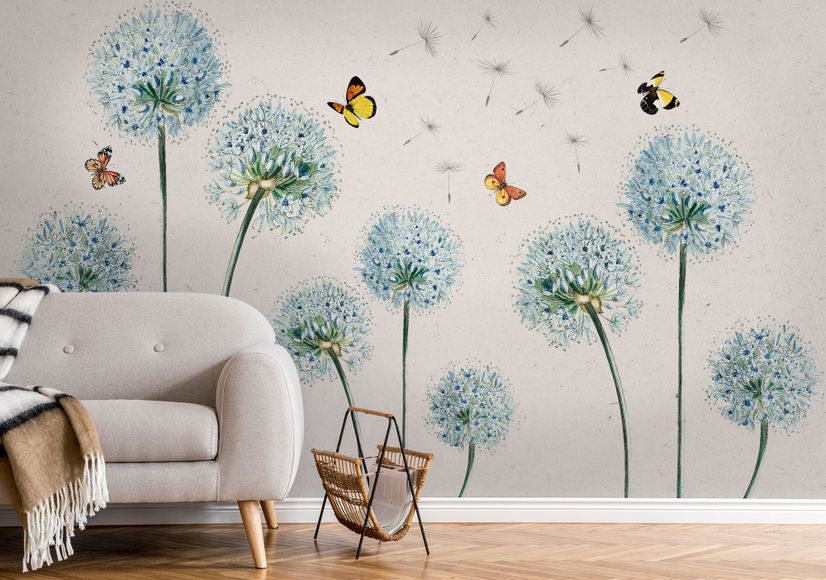 Blue Dandelion and Yellow Butterflies Wallpaper Mural