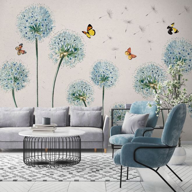 Blue Dandelion and Yellow Butterflies Wallpaper Mural