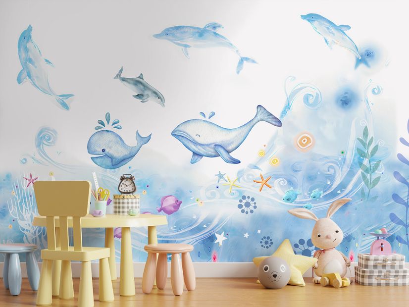 Cartoon Undersea and Whales Wallpaper Mural