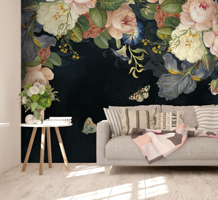Dark Rose and Daisy Floral Wallpaper Mural