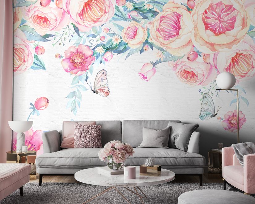 Vintage Watercolor Pink Flowers Wallpaper Mural