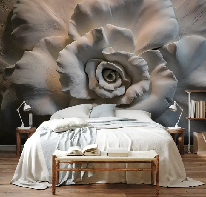 3D Embossed Look Cement Roses Wallpaper Mural