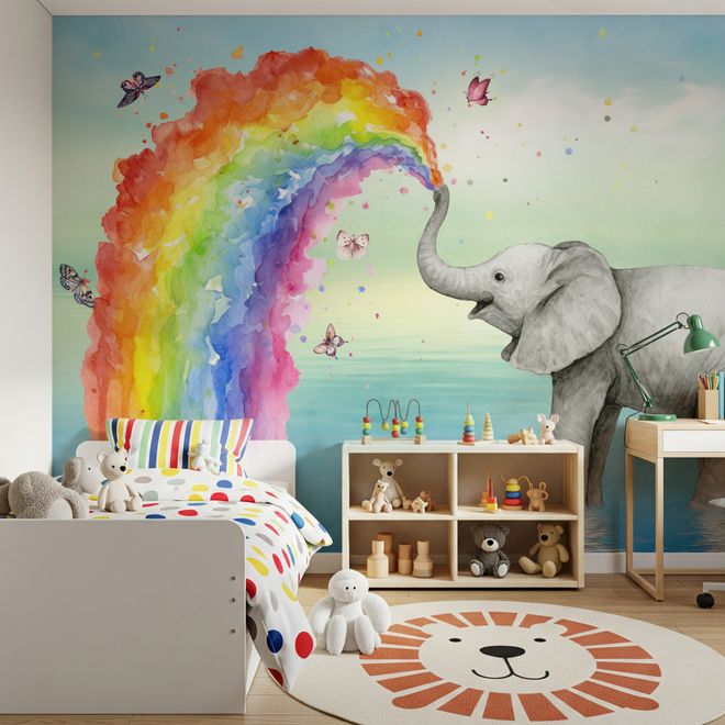 Kinder Fototapete Elefant mit Aquarell-Regenbogen