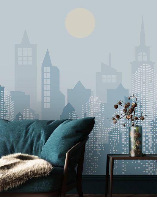 Blue Monochrome Cityscape and Soft Sun Wallpaper Mural