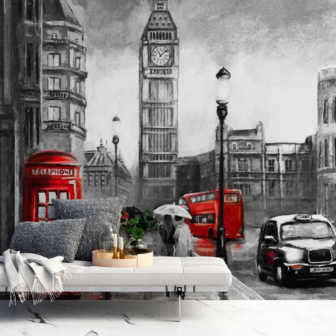 London Wallpaper Black And White Red