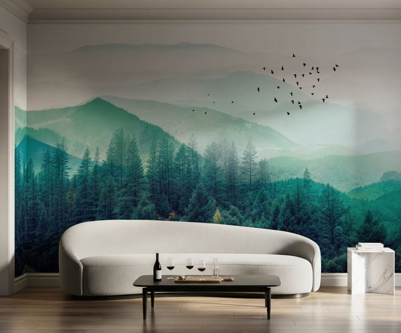 Misty Green Forest with Birds Wallpaper Mural