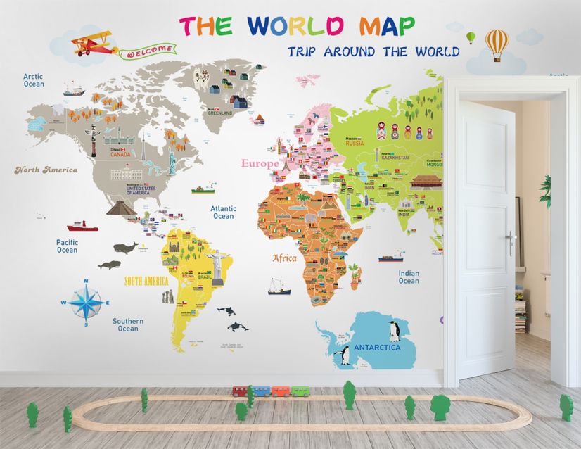 Colorful Kids Map with Historical Place Wallpaper Mural