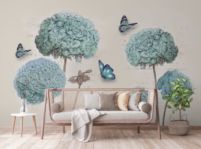 Light Blue Hydrangea Flowers and Butterflies Wallpaper Mural