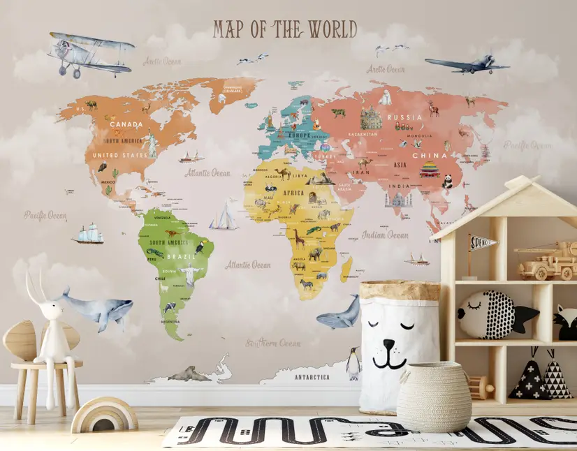 Colorful Kids World Map Wallpaper Mural