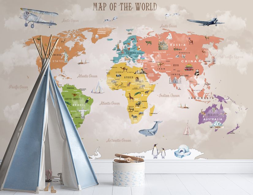 Voguish World Map - Blue – trendy wall mural – Photowall