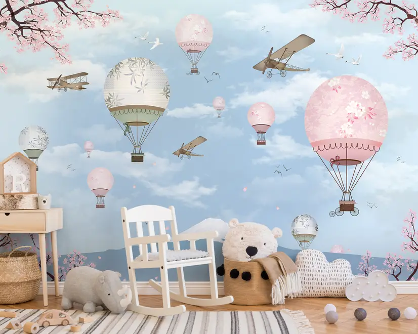 Cherry Blossom with Soft Hot Air Balloon Wallpaper Mural