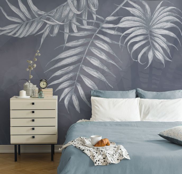 White Tropical Leafy Wallpaper Mural