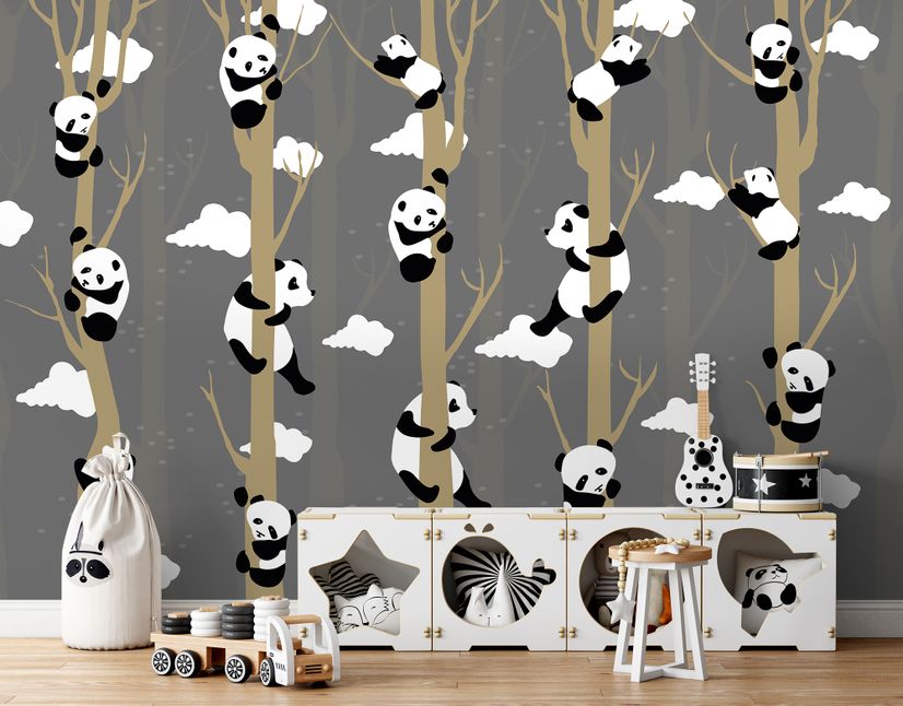 Cartoon Pandas with Tree Branches Wallpaper Mural