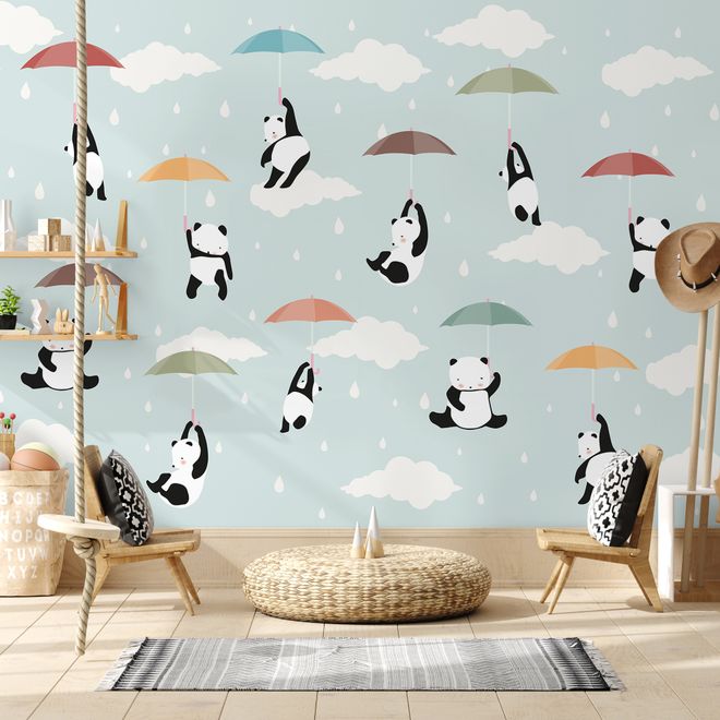 Kids Pandas With Colorful Umbrella Wallpaper Mural