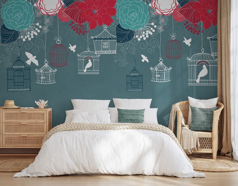 Cage Birds and Colorful Flowers Wallpaper Mural Cage Birds and Colorful Flowers Wallpaper Mural