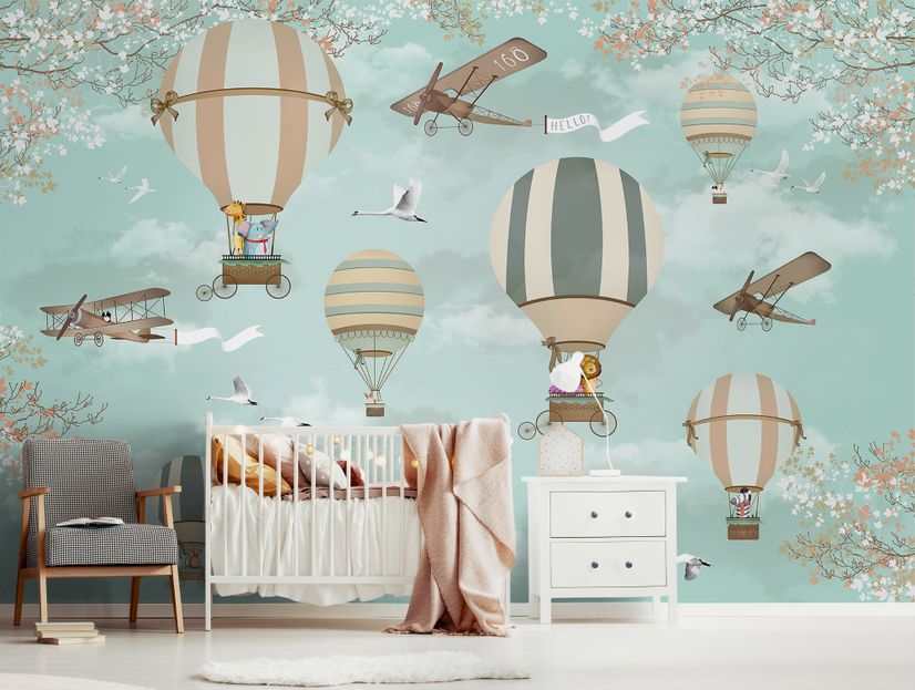 Hot Air Balloon with Animals Wallpaper Mural