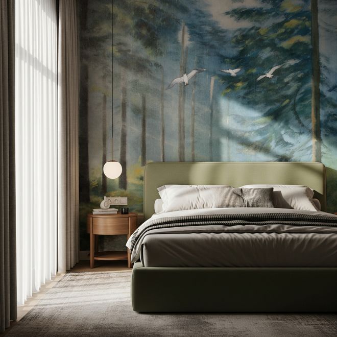 Papier peint panoramique paysage forestier brumeux à l'aquarelle