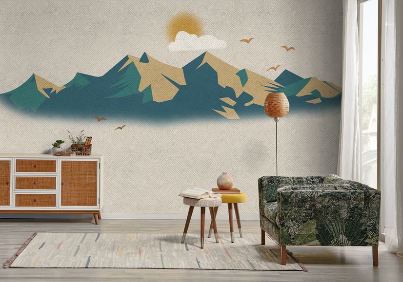 Mountain Sunrise Landscape and Old Plaid Texture Wallpaper Mural