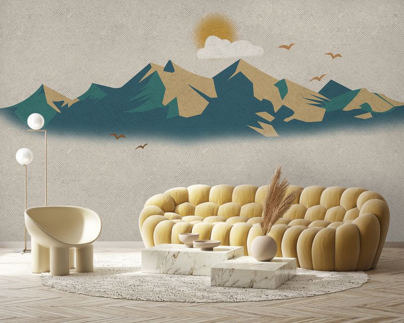 Mountain Sunrise Landscape and Old Plaid Texture Wallpaper Mural