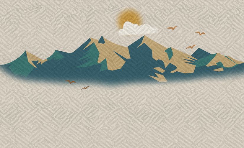 Mountain Sunrise Landscape and Old Plaid Texture Wallpaper Mural