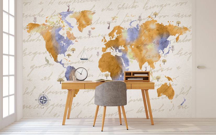Orange World Map Wallpaper Mural