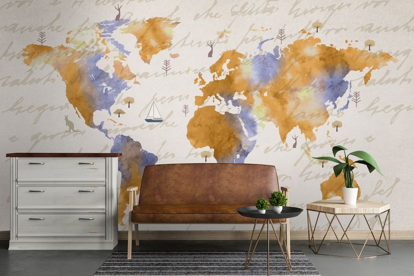 Orange World Map Wallpaper Mural