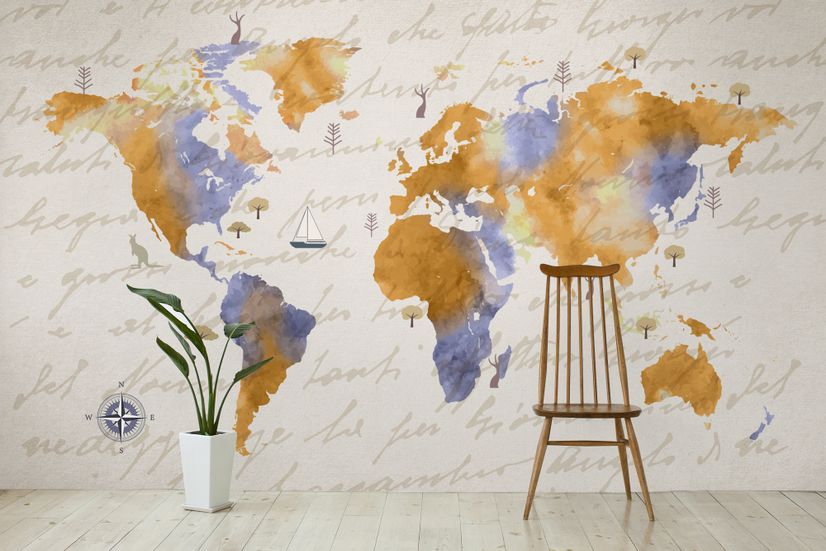 Orange World Map Wallpaper Mural