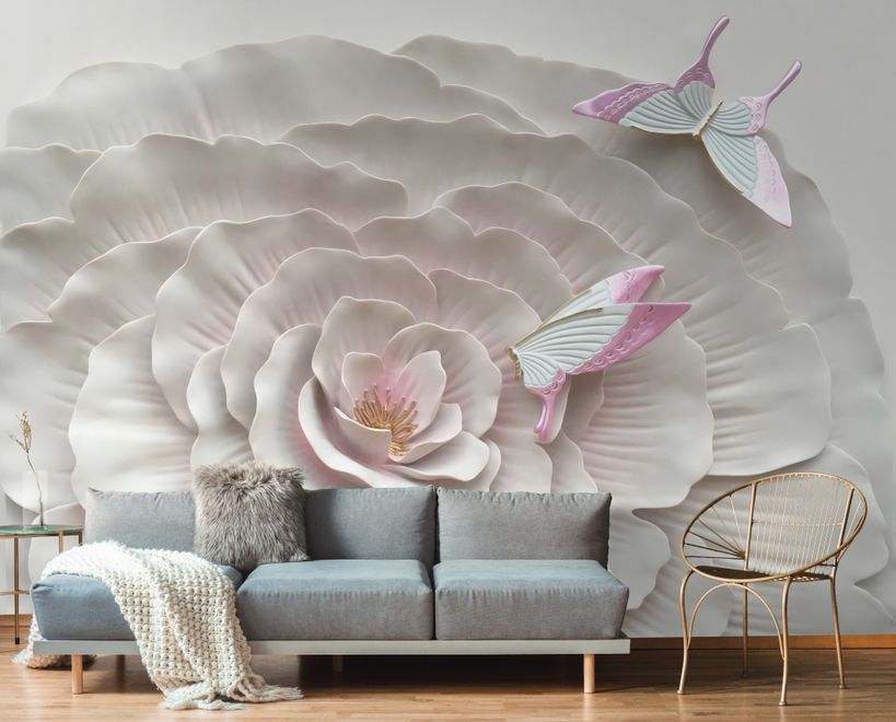 3D Embossed Look Flowers and Butterfly Wallpaper Mural