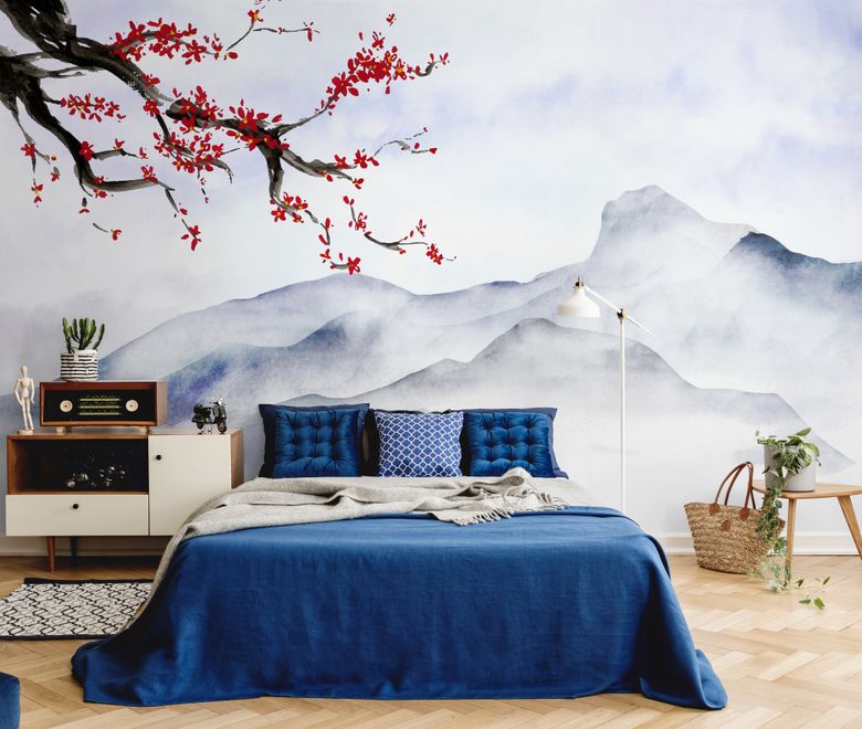 Snowy Mountainscape with Cherry Blossom Wallpaper Mural