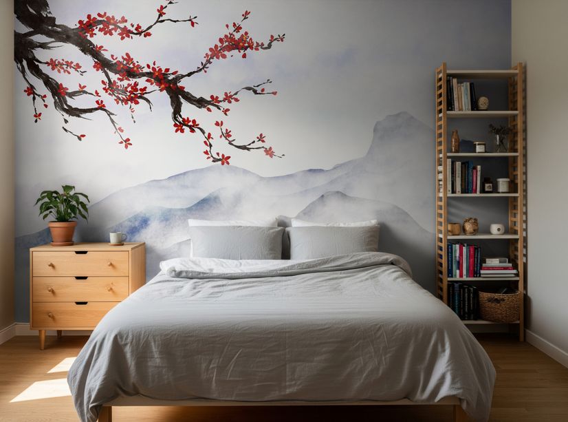 Schneebedeckte Berglandschaft mit Kirschblüten Fototapete