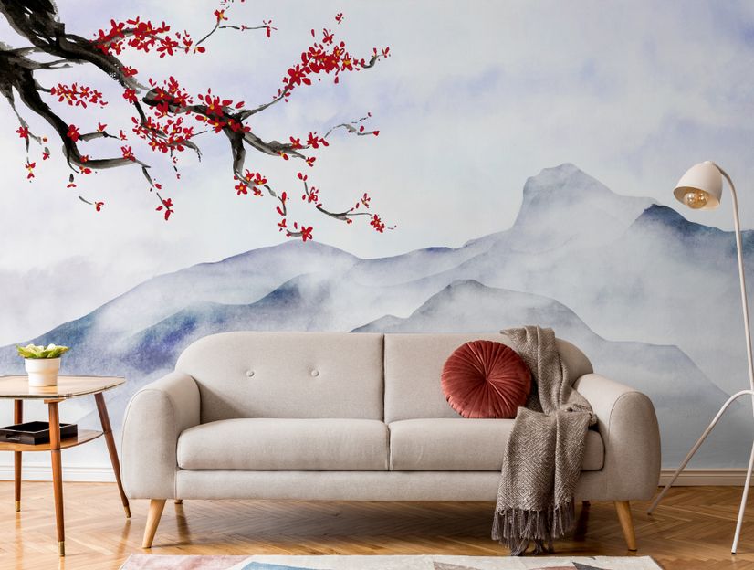 Snowy Mountainscape with Cherry Blossom Wallpaper Mural