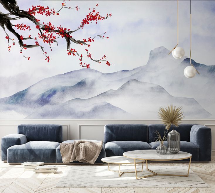 Snowy Mountainscape with Cherry Blossom Wallpaper Mural