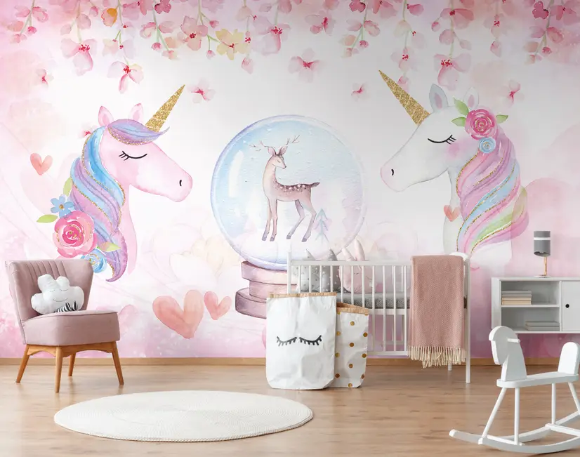 Papier peint licorne filles fleurs roses enfants