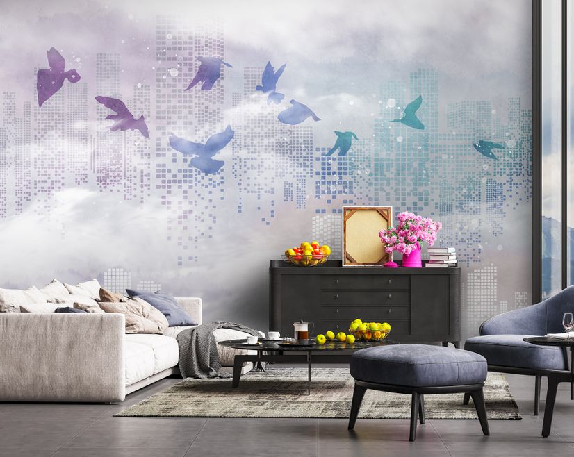 Abstract City with Purple Birds Wallpaper Mural