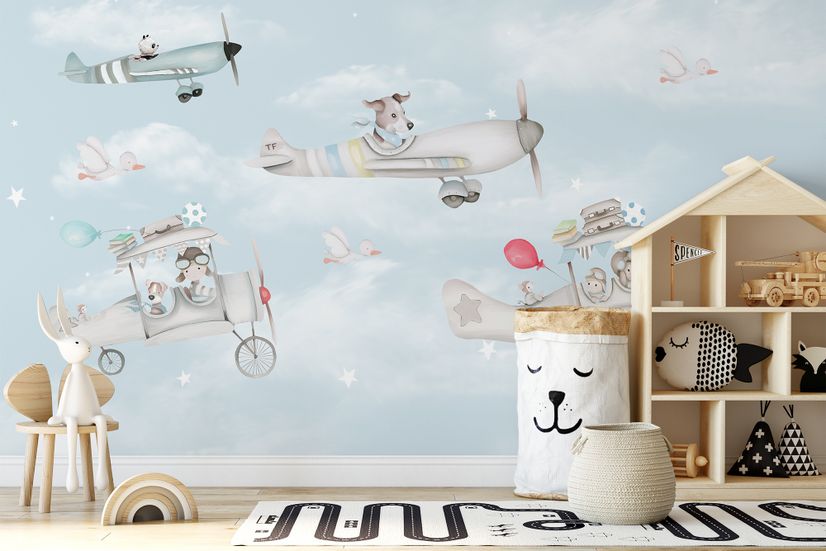 Cartoon Aircraft wih Cute Animal Wallpaper Mural