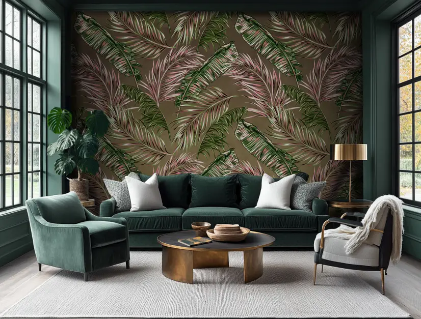 Charcoal Banana and Palm Leaves Wallpaper Mural