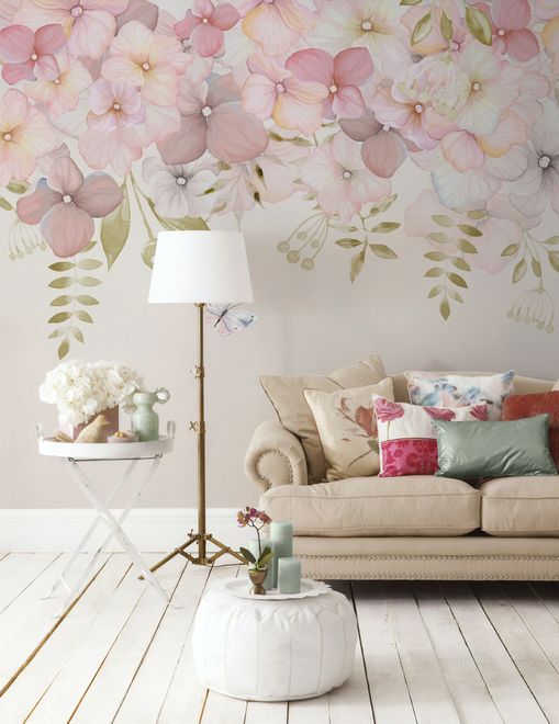 Pink Hydrangea Floral Art Wallpaper Mural