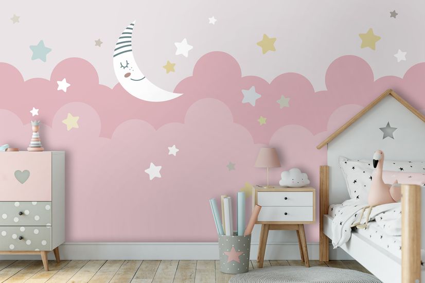 Cartoon Pink Sky and Moon Wallpaper Mural