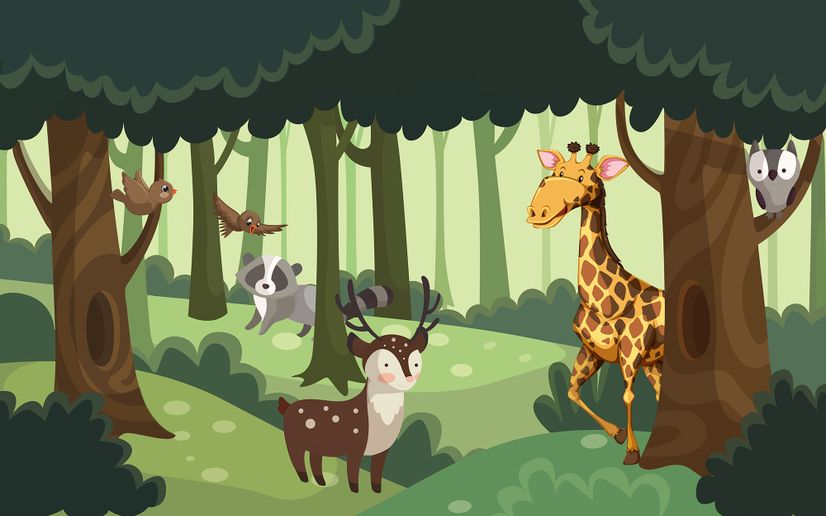 Cartoon Animals in the Forest Wallpaper Mural