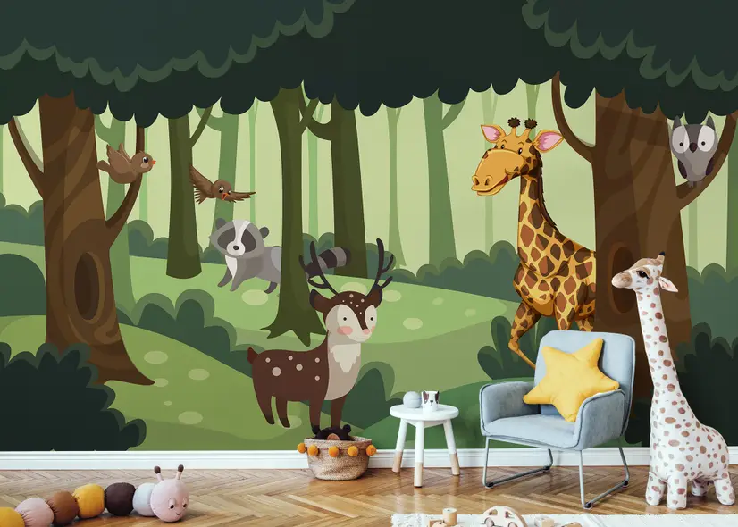 Papier peint animaux de dessins animés dans la forêt